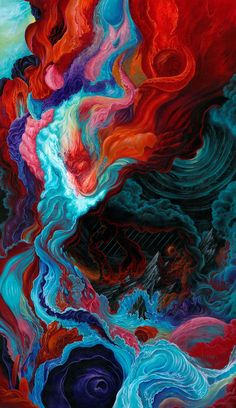 an abstract painting with red, blue and green colors on it's surface is featured in this image