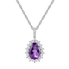 Add timeless elegance to your jewelry collection with this Sterling Silver Amethyst Pendant. Add timeless elegance to your jewelry collection with this Sterling Silver Amethyst Pendant. FEATURES Pendant dimensions: 0.87''x0.48'' Chain length: 18 in. Chain type: rope Clasp: spring-ring Nickel free Metal: sterling silver Plating: rhodium Finish: polished Packaging: boxedSTONE DETAILS Stone type: amethyst, lab-created white sapphire Total weight: 3 1/10 ct. Center stone weight: 2 1/5 ct. Center sto Lavender Gemstone Necklace For Formal Occasions, Classic Amethyst Necklaces For Wedding, Teardrop Amethyst Necklace For Formal Occasions, Formal Teardrop Amethyst Necklace, Elegant Lavender Teardrop Necklace, Classic Lavender Jewelry For Formal Occasions, Elegant Purple Teardrop Pendant Jewelry, Purple Teardrop Pendant Necklace For Formal Occasions, Purple Teardrop Necklace For Formal Occasions