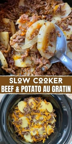 slow cooker beef and potato casserole in the crock pot with text overlay