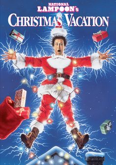 a movie poster for the christmas vacation with santa clause in his arms and presents all around him