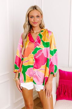 - Meet up with the girls in this adorable top! - Unlined material with a colorful abstract print and a satin finish - A v-cut neckline with ruffle detail - Faux button closure accents - ¾ length sleeves with elastic ruffle cuffs - A relaxed silhouette that ends in a straight hemline Measurements S : Bust 40", Hip 50", Length 26", Sleeve Length 19.5", Waist 46". M : Bust 42", Hip 52", Length 26", Sleeve Length 20", Waist 48". L : Bust 44", Hip 54", Length 26", Sleeve Length 21", Waist 50". Table For Two, Satin Top, V Cut, V Cuts, Colorful Abstract, Abstract Print, Satin Finish, Length Sleeve, Satin