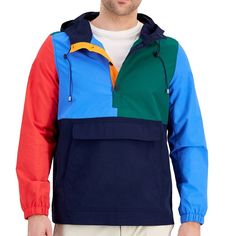 Stand-Out In Style With This Pull-Over Jacket By Club Room, Designed With An Eye-Catching Colorblocked Design And Attached Hood. Attached Hood With Drawstring Three-Quarter Button Closure Pocket At Front Nylon Machine Washable Imported Casual Blue Patchwork Windbreaker, Blue Cotton Outerwear With Contrast Color, Blue Outdoor Outerwear With Contrast Color, Blue Color Block Hooded Windbreaker, Blue Windbreaker With Contrast Colors For Winter, Blue Hooded Windbreaker With Color Block, Blue Hooded Color Block Windbreaker, Blue Color Block Windbreaker For Winter, Blue Color Block Windbreaker For Outdoor