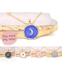 Round Colorful Minimal Pendants: Navy Moon, Black Star, White Heart, Pink Good Luck, and Blue Lightning NecklaceBuy More, Pay Less!  💫Choose more colors and enjoy a bigger discount: There is 10% off if you choose 2 colors, 15% off when you choose 3 colors, 20% off for 4 colors, and 25% off for choosing all five colors.HOW TO ORDER:1) Choose how many you wish to purchase from the drop-down menu2) Below the drop-down, mention the color(s) you wish to get3) Voila, you are all set! LENGHT & SIZ Blue Moon Charm Necklaces For Gifts, Blue Moon Charm Necklace Gift, Blue Moon Charm Necklace For Gift, Necklaces Small, Simple Pearl Earrings, Minimal Pendant, Necklace Circle, Gold Circle Necklace, Blue Lightning