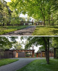 two different views of a house in the woods and on the ground, with trees lining both sides