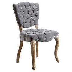 a gray chair with wooden legs and buttoned backrests on an isolated white background