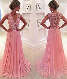 Pink Evening Dresses, Prom Dresses Pink, Long Party Gowns, Lace Prom Dresses, Prom Dresses Long Lace, Formal Dresses For Teens, Pink Evening Dress, V Neck Prom Dresses, Dresses Chiffon