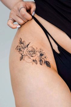 Small Thigh Tattoos, Flower Hip Tattoos, Tummy Tattoo, Delicate Tattoos For Women, Floral Thigh Tattoos, Hip Thigh Tattoos, Hip Tattoos, Stylist Tattoos