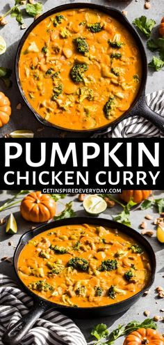 pumpkin chicken curry in a cast iron skillet