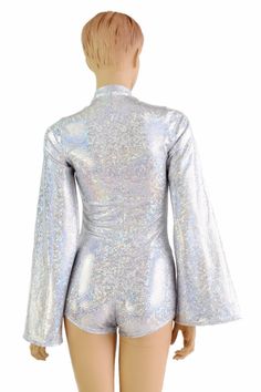 "This item is made to order, please read all the way through the listing before purchasing! This bodysuit is made of a silver on white shattered glass holographic spandex. Long Bell cut sleeves and boy cut legs. This fabric has an amazing holographic sparkle! Deep, plunging v neckline. Four way stretch for a figure forming fit. This bodysuit is unlined. Womens Sizing (See below for instructions on where measurements should be taken) XXS: Bust 29\"-30\" / Waist 22\"-23\" / Hips 30\"-32\" Extra Sm Silver Shiny Stretch Bodysuit, Silver Fitted Bodysuit For Party, Fitted Silver Bodysuit For Party, Silver Shiny Bodysuit For Party, Silver Shiny Party Bodysuit, Party Silver Shiny Bodysuit, Silver Bodysuit, Metallic Bodysuit, Boy Cut