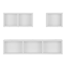 three white bookshelves with no doors on each side and four shelves above them