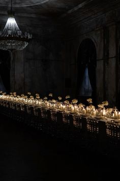 many lit candles are lined up in a dark room with chandelier above them