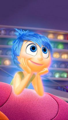 the inside out movie poster with an animated character in front of colorful balls and shelves