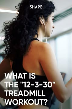 a woman with headphones on is looking at her cell phone and text reads what is the 1 - 2 - 3 - 30 treadmill workout?