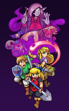 an image of the legend of zelda and other characters in front of a purple background