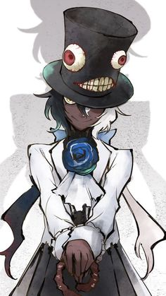 a drawing of a person wearing a top hat and holding a blue rose in their hand