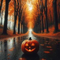 a pumpkin sitting in the middle of a road with trees and leaves on both sides