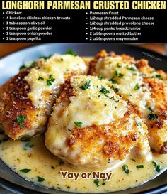 chicken parmesan crusted chicken is served with gravy on a plate