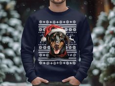 a black and brown dog wearing a santa hat on a blue christmas sweater with snowflakes