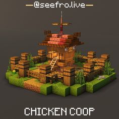 the chicken coop is made out of wood and grass