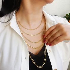 "\"14k Gold Thick Paperclip Chain Necklace | Rectangle Link, Bold Link, Staple Chain, Layering Chain Necklace w/ Lobster Clasp | Gift for Her\" P R O P E R T I E S * Material: 14k Yellow Gold, 14k Rose Gold, 14k White Gold * Link Size #1: 0,40\"x0,12\" // 10,0mm x 3,2mm * Link Size #2: 0,44\"x0,14\" // 11,1mm x 3,5mm * Link Size #3: 0,53\"x0,16\" // 13,5mm x 4,1mm * Link Size #4: 0,67\"x0,20\" // 17,0mm x 4,9mm * Link Size #5: 0,79\"x0,24\" // 20,0mm x 6,0mm * Lock: Lobster Claw Clasp * Length: Modern Rectangular Figaro Chain Jewelry, Modern Rectangular Paperclip Chain Necklace, Modern Rectangular Cable Chain Necklace, Chain Layering, Paperclip Chain Necklace, Layered Chain Necklace, Jewelry Pliers, Beaded Choker Necklace, 14k Gold Ring