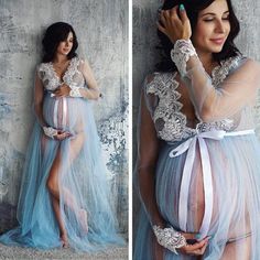 the pregnant woman is wearing a blue and white dress with sheer lace detailing on it