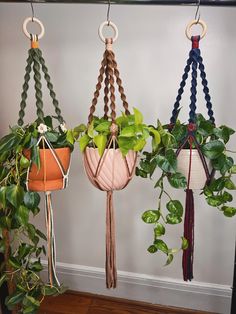 three hanging planters with plants in them