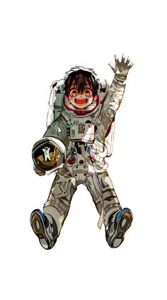 an astronaut is flying through the air with his hands in the air and one hand out