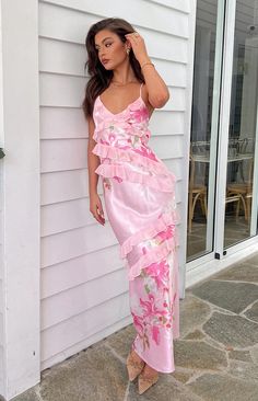 Inara Pink Floral Print Ruffle Maxi Dress – Beginning Boutique US Graduation Party Dresses Guest, March Wedding Guest Dress, Backyard Wedding Guest Outfit, 18th Bday Outfit Ideas, Quince Guest Outfit Dresses, Pink Floral Bridesmaid Dresses, Long Birthday Dress, Pink Dress Wedding Guest, Pink Long Dresses