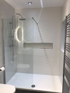 a bathroom with a shower, toilet and towel rack on the wall next to it