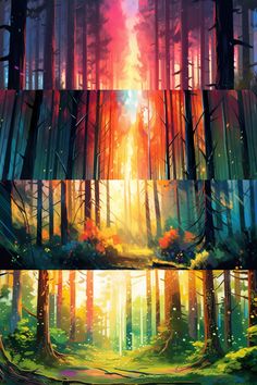 four different views of the forest with trees and sun shining through them, all in bright colors