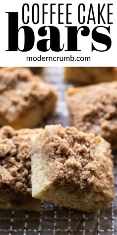 coffee cake bars on a cooling rack with text overlay