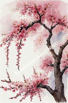 a watercolor painting of a tree with pink flowers on it's branches and the sky in the background