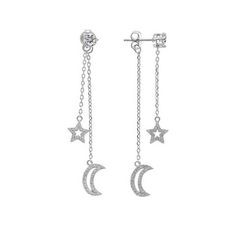 This is a beautiful and stylish pair of dangling star and moon earrings. A great everyday pair of earrings that match many outfits and add much style to your look! ◆ Crafted in .925 Sterling Silver ◆ Top quality Cubic Zirconia stones that have a magnificent shine ◆ Butterfly Push-backs for an easy and comfortable wear ◆ Unique Drop/Dangle Star and Moon Design ◆ Solitaire CZ and Pave Set CZ stones ◆ Rhodium plated for tarnish guard and beautiful shine* ◆ Same day shipping (except weekends) and Co Crescent Earrings, Star And Moon, Silver Tops, Moon Design, Drop Dangle Earrings, Earrings Drop, Moon Earrings, Girls Earrings, Earrings Sterling Silver