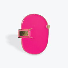 a pink ring with a gold buckle on the front and back of it, against a white background