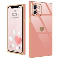 an iphone case with hearts on the front and back side, shown in light pink