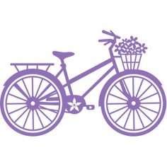 a purple bicycle with flowers in the basket