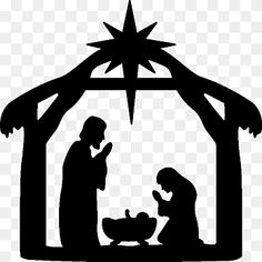 a black and white christmas nativity scene with the birth of jesus, silhouetted against a