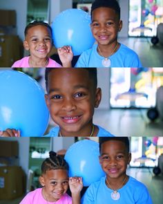 two young children holding balloons and smiling at the camera while another child holds them up to their face