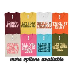 These groovy 70s style bachelorette tees are perfect for the bride-to-be or the entire bridal party. A great alternative to traditional bachelorette tees and other bridal party gifts. Our designs are professionally printed on high quality t-shirts. These shirts are so comfortable you will want to wear them again and again after your big day! T H E F I T - 𝘖𝘶𝘳 𝘜𝘯𝘪𝘴𝘦𝘹 𝘵𝘦𝘦𝘴 𝘢𝘳𝘦 𝘚𝘜𝘗𝘌𝘙 𝘴𝘰𝘧𝘵, 𝘨𝘰 𝘨𝘳𝘦𝘢𝘵 𝘸𝘪𝘵𝘩 𝘭𝘦𝘨𝘨𝘪𝘯𝘨𝘴, 𝘵𝘪𝘦𝘥 𝘶𝘱 𝘪𝘯 𝘢 𝘬𝘯𝘰𝘵 𝘰𝘳 𝘵𝘶𝘤 Vintage Party Tops With Letter Print, Vintage Letter Print Tops For Party, Retro Cotton Party Tops, Retro Tops With Funny Print For Fall, Vintage Cotton T-shirt For Party, White Retro T-shirt For Parties, 70s Theme Outfit, 70s Bachelorette, Wedding Tshirts