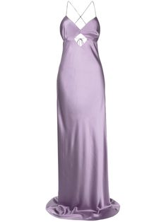 lavender purple silk spaghetti straps V-neck V-back sleeveless cut-out detailing rear criss-cross straps rear tie fastening floor-length Light Purple Silk Dress, Purple Silk Dress, Womp Womp, Michelle Mason, Lavender Dresses, Silk Dress Long, Silk Maxi, Purple Silk, Silk Maxi Dress