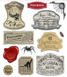 some different types of labels and stamps on a white background with the words poison