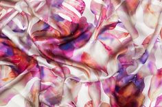 This silk has a slight weight and a fluid drape. Silk Scarf For Spring Party, Silk Scarf For Party In Spring, Summer Purple Silk Scarf, Summer Silk Scarf With Satin Finish, Summer Evening Satin Silk Scarf, Silk Satin Scarf For Summer Evenings, Chic Pink Satin Silk Scarf, Elegant Silk Chiffon Scarf For Summer, Elegant Silk Scarf With Satin Finish For Summer