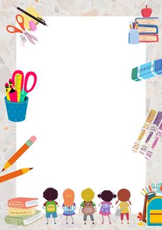 an image of children with school supplies on the border for your message or photo frame