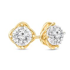 Pump up the fashion volume with the sparkle of these diamond solitaire stud earrings. Crafted in 10K two-toned gold, each earring features a 1/10 ct. diamond set in white gold atop an overlapping swirl of yellow gold. Radiant with 1/4 ct. t.w. of diamonds and a brilliant buffed luster, these knot earrings secure comfortably with friction backs. How To Clean Gold, Black Hills Gold Jewelry, Clean Gold Jewelry, Knot Stud Earrings, Mens Gold Jewelry, Knot Studs, Solitaire Earrings, Floral Studs, Bridesmaid Jewelry Sets