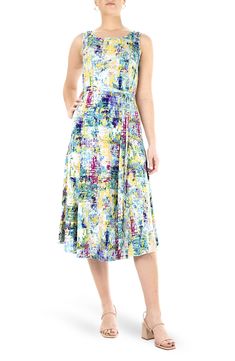 A pretty printed midi dress features a tie waist and a flattering A-line silhouette for feminine style. Crew neck Sleeveless Slips on over head Allover print Waist tie sash A-line Stretch crepe construction 95% polyester, 5% spandex Machine wash cold, tumble dry low Imported Model’s stats for sizing: 5’11” height, 32” bust, 25” waist, 35” hips. Summer A-line Maxi Dress With Tie Waist, Printed A-line Midi Dress For Garden Party, Sleeveless Printed Midi Dress For Spring, Spring Printed Sleeveless Midi Dress, Spring Sleeveless Printed Midi Dress, Printed Sleeveless Midi Dress For Spring, Patterned Midi Sundress For Spring, Spring A-line Maxi Dress With Tie Waist, Patterned Midi Dress For Summer