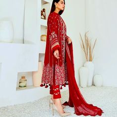 Pakistani 3 Piece Embroidered Suit Measurements For Size Medium Shoulder 15.5 Shirt Length 45 ( Length Excluding Tassels) Bust 22 Measurements For Size Large Shoulder 16 Bust 22.5 Length 45 ( Length Excluding Tassels) Elegant Red Lawn Suit With Intricate Embroidery, Elegant Red Lawn Suit With Chikankari Embroidery, Red Salwar Kameez With Chikankari Embroidery And Long Sleeves, Elegant Red Dress With Chikankari Embroidery, Fitted Red Lawn Suit With Chikankari Embroidery, Unstitched Red Lawn Suit With Floral Embroidery, Red Lawn Suit With Floral Embroidery For Eid, Red Long Sleeve Sets With Chikankari Embroidery, Red Long Sleeve Dress With Chikankari Embroidery