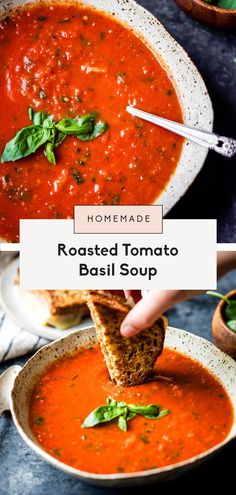 the best roasted tomato basil soup in a bowl