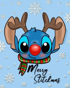 a christmas card with an image of a blue reindeer wearing a red nose and scarf