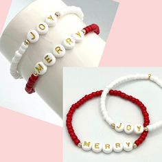 "Christmas/Holiday bracelets - set of 2 DETAILS - handmade with durable stretch cord - bracelets may vary in stone pattern/color - bracelets can be made to fit any size wrist; if you need a size other than what is offered (or a different word other than what is pictured) please add preference in the \"notes to seller\" box at checkout. - Purchase includes two bracelets as pictured CARE INSTRUCTIONS: *our jewelry is handmade (with love and every effort has been made to ensure we use the strongest Festive Adjustable Personalized Bracelets, Adjustable Stretch Bracelet With Round Beads For Holiday, White Letter Beads Bracelets For Holidays, White Bracelets As Holiday Gifts, White Bracelets For Holiday Gifts, Adjustable Beaded Stretch Bracelet For Holiday, Holiday Gift White Beaded Bracelets, Adjustable White Stretch Bracelet For Holidays, Adjustable Beaded Bracelets For Holiday Gifts