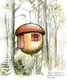 a drawing of a tree house hanging from a tree in the woods with stairs leading up to it